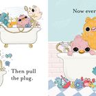 „Wash off the bubbles. Then pull the plug.“ und „Now everyone out!“ zeigen niedliche bunte Vögel in und um eine Badewanne.