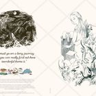 Auf der linken Seite steht: „You must go on a long journey before you can really find out how wonderful home is.” 

Links ein Turm bei Nacht; rechts eine Frau, Tiere und fliegende Blätter in einer Illustration.