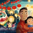 Der Text lautet: "But love will travel with you, when my heart is on your hand." Eine bunte, festliche Illustration mit Laternen.