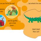 "Who can you find at the zoo?" - Tiger und Giraffen in ihren Gehegen, ein grünes Krokodil mit Punkten sagt: "SNAP! SNAP!"