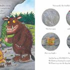Zwei Gruffalos sprechen. Der Text erzählt von der Gruffalo-Oma, deren Fell grau ist und Stacheln rot. Sie kann lesen und schreiben.