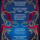 Text: "WELCOME ABOARD THE VOYAGE OF YOUR DREAMS!" Ornamente mit pinken Bändern und Totenschädeln verzieren die Szene.