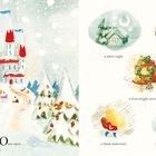 "Once upon...", "a silent night", "a merry snack time", "a frost-bright morning", "a bleak midwinter", "the night of the snowmen's ball". Oben: ein Schloss im Schnee, unten: Tiere in verschneiten Bäumen.
