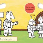 "Bear and his friends are having a party. Can you find a green present?" Tiere in Anzügen in einem Wohnzimmer.