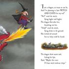 Ein Drache atmet Feuer auf eine Hexe auf einem Besen. Text erzählt von Drache, Hexe und Chips.