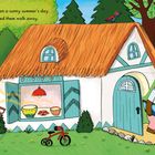 Ein Mädchen versteckt sich hinter einem Baum; eine Bärenfamilie verlässt ein Haus mit Strohdach.