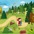 „Red was off to see her gran...“ Ein Rotkäppchen mit einem Wolf auf einem Waldpfad, Häuser, Bäume und Tiere.