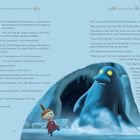 Links steht: "Remarkable Happenings in Moominvalley." Rechts: "Song of the Groke." Unten sind zwei Figuren: eine kleine im roten Kleid und eine blaue, große.