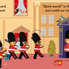 "First the changing of the guard. The drummers strike the beat."  
Illustration mit marschierenden Wachen und trommelnden Soldaten.