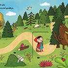 Illustration eines Mädchens im roten Umhang mit Korb. Ein Wolf steht nahe, während sie auf dem Weg durch den Wald spaziert.