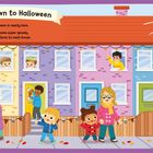 "Countdown to Halloween. Halloween is nearly here. Add some super spooky decorations to each house."  
Illustration von Häusern, Menschen und Halloween-Dekorationen.