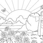 Illustration: Eine Figur mit ausgestreckten Armen vor einem Felsen, umgeben von Blumen, Schmetterlingen und drei Kreuzen.