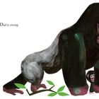 Text: "Dad is strong." Illustration eines großen Gorillas mit kleinem Gorilla darunter.