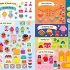 "Colourful rangoli", "Make a Diwali card", "Out and about", "Decorations", "Shopping trip", "Family fun", "Off to the temple". Farbiges Diwali-Illustrationen mit Laternen, Kleidern, Essen und mehr.