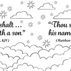 Zitate: "Thou shalt... bring forth a son" (Lukas 1:31), "Thou shalt call his name Jesus" (Matthäus 1:21). Wolken und Sterne.