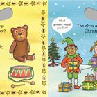 Links: "What toys can you see?" mit Spielzeugabbildungen. Rechts: "The elves are busy wrapping Christmas presents." mit Elfen.