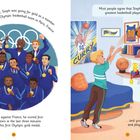 Zwei Seiten, links Team mit Medaillen vor Olympiaringen, rechts Kind wirft Basketball mit Curry-Poster im Hintergrund.