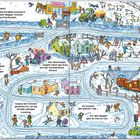 Texte: "Juhu ... es schneit!", "START", "Der Abschleppwagen zieht das Auto aus der Schneewehe heraus." Szene: Winterliche Stadt mit Aktivitäten im Schnee.