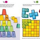 Links: "Tag 43" - Aufgabe mit Becherpyramide und Zahlen. Rechts: "Tag 44" - Puzzle mit nummerierten Bausteinen.