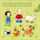 Text: "Familie Stroh wohnt auf dem Apfelhof..." 
Illustration von Kindern, Tieren und Pflanzen auf einem Bauernhof.