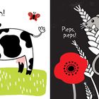 Links „Muuuuh!“, rechts „Pieps, pieps!“. Zeichnung: Kuh auf Gras, Schmetterling; Maus auf Ähren, Mohnblume.