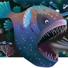 Ein Seeteufel im dunklen Meer leuchtet, um Fische anzulocken. Viele leuchtende Meereswesen sind um ihn herum.