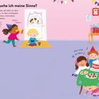 Titel: "Wozu brauche ich meine Sinne?". Text beschreibt die Bedeutung der Sinne. Szene: Kinder feiern Party, Kuchen und Geschenke.