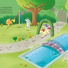 Texte: "Im Garten", "Klebe hier eine Geheimtür auf.", "Hier könnte ein Springbrunnen stehen." Illustration mit Einhörnern.