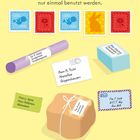 "Auf der Post", Anleitung zur Verbindung von Sendungen mit Briefmarken. Farbige Marken und posttypische Gegenstände dargestellt.