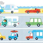 „Es ist ein warmer, sonniger Tag. Küstenwind.“ Illustration mit Autos, Wohnmobilen und einem Strand im Hintergrund.