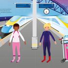 "Die Zugreise: Kim, Anne und Lea sind nach einer Woche Snowboard-Urlaub auf der Heimreise." Drei Mädchen stehen am Bahnsteig. Ein Zug ist im Hintergrund, Koffer auf einem Gepäckwagen.