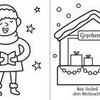 "Geschenke. Was findest du auf dem Weihnachtsmarkt?" Illustration: Kind singt, Geschenke im Stand, Sterne, Schneeflocken.