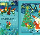 Illustration: "Der Weihnachtsmann und seine Wichtel! Sie sind auf dem Weg in die Weihnachtswerkstatt." Wichtel ziehen beladenen Schlitten.