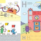 Buchstaben mit geraden Linien: E, F, H. Monster essen Eier, Fahnen an Monster-Burg, Hubschrauber fliegt über Haus.