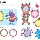 "Die volle Stunde", mit Uhren und farbenfrohen, fantasievollen Kreaturen, die die Uhrzeiten zeigen.