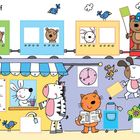"Am Bahnhof." Tiere reisen, shoppen und genießen Eis. Ein Zug ist oben, Geschäfte und fröhliche Szenen unten. Verspielte Atmosphäre.