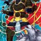 Text: ODIN. Eine Beschreibung seiner Fähigkeiten, Heimat, Charakter und Ausrüstung. Illustration: Odin mit goldener Rüstung, Speer, zwei Raben und Wölfen. Hintergrund: Blitze und Münzen.