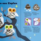 Eulen aus Zapfen. Anleitung in Schritten: Watte zerrupfen, Augen und Schnabel basteln, Flügel anbringen.