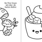 Links: Spaßige Pilze mit Blatt; Text: "Die Pilze freuen sich über die bunten Blätter." Rechts: Smile-Tasse mit Schokolade.