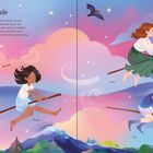 "Die Flugschule" beschreibt fliegende Kinder auf Besen vor buntem Himmel mit Sternen und Fledermäusen. Namen: Ronja, Juna, Tom.