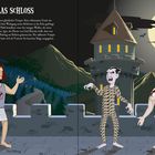 "Graf Draculas Schloss": Van Helsing mit Pfahl, Graf Dracula und Igor auf Burg, bewölkter Vollmond, Fledermäuse fliegen.