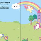 "Magisches Einhornreich: Klebe die niedlichen Einhörner in den Garten des Palastes." Illustration mit fröhlichen Einhörnern, Regenbogen, Schloss und Blumen.