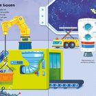"Raumschiffe bauen" beschreibt eine Werkstatt mit Robotern, die Metall recyceln und an einer Rakete arbeiten.
