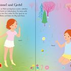Text: "Hänsel und Gretel; Nachdem sie im Wald zurückgelassen wurden..." Illustration: Zwei Kinder, umgeben von Süßigkeiten und bunten Bäumen.