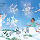 Text: "Schneeflockenzauber...
Die Feen schwingen ihre Zauberstäbe.

Illustration: Feen erzeugen funkelnde Schneeflocken in winterlicher Landschaft.