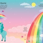 Text: Willkommen im Land der Träume. Hui, hier rutscht ein Einhorn auf dem Regenbogen. Klebe den magischen Palast in die Wolken. Illustration: Ein Einhorn und Regenbogen im Himmel.