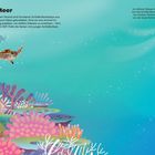 Oben links: "Flucht ins Meer". Darunter Schildkröten und bunte Korallen im klaren Ozean.