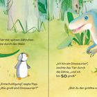 „Nein“, sagte der Dinosaurier, „der da ist größer als ich!“; Ein Pinguin trifft Dinosaurier im Wald.