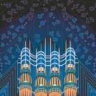 Geometrische Illustration in Blau und Orange mit leuchtenden, vertikalen Röhren vor abstraktem, pixelartigem Himmel.