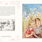Text über Eileens Illustrationen für Enid Blytons Bücher. Rechts Illustration: Feldszene mit Mäusen und Blumen.